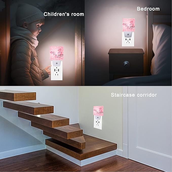 Cherry Blossoms Night Light,Spring Flower Night Lights Plug into Wall with Dusk to Dawn Light Sensors 0.5W Dim Night-Lights for Bedroom