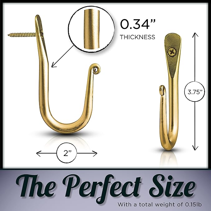 Wall Mounted Hook - Wrought Iron Decorative Blacksmith Handmade Simple Hook For Bathroom and Kitchen, Sturdy Hooks For Hanging Robes, Towels, Coats, cloths, Bags, Keys and Jewelries - Pack of 3 (Gold)