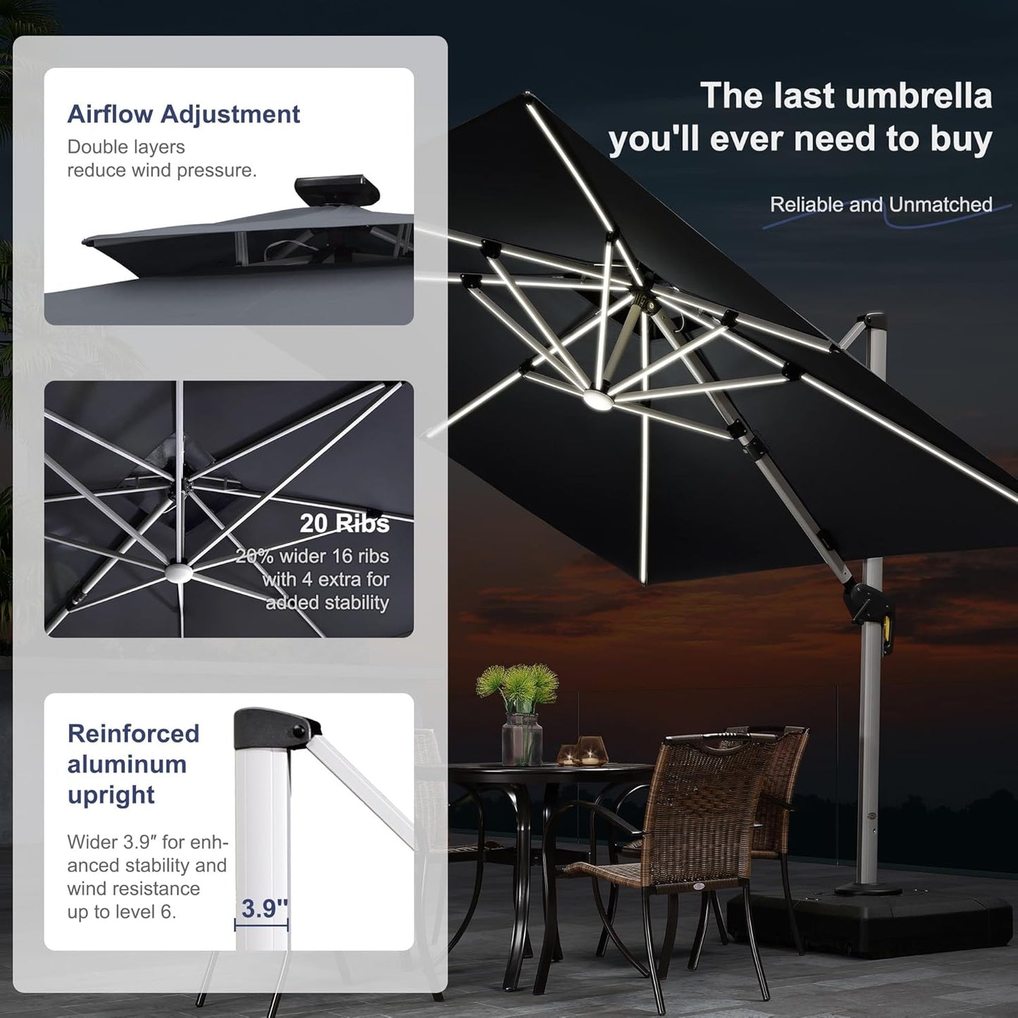 PURPLE LEAF 9' X 12' Double Top Deluxe Solar Powered LED Rectangle Patio Umbrella Offset Hanging Umbrella Outdoor Market Umbrella Garden Umbrella, Grey