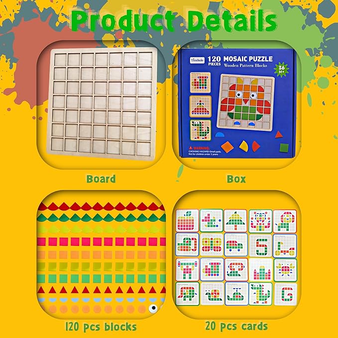 Mosaic Shape Wooden Pattern Blocks Puzzle, 120 PCS Wooden Pattern Blocks with 20 Pcs Design Cards,Kindergarten Classic Educational Geometric Shape Puzzle Toys for Kids Ages 4-8