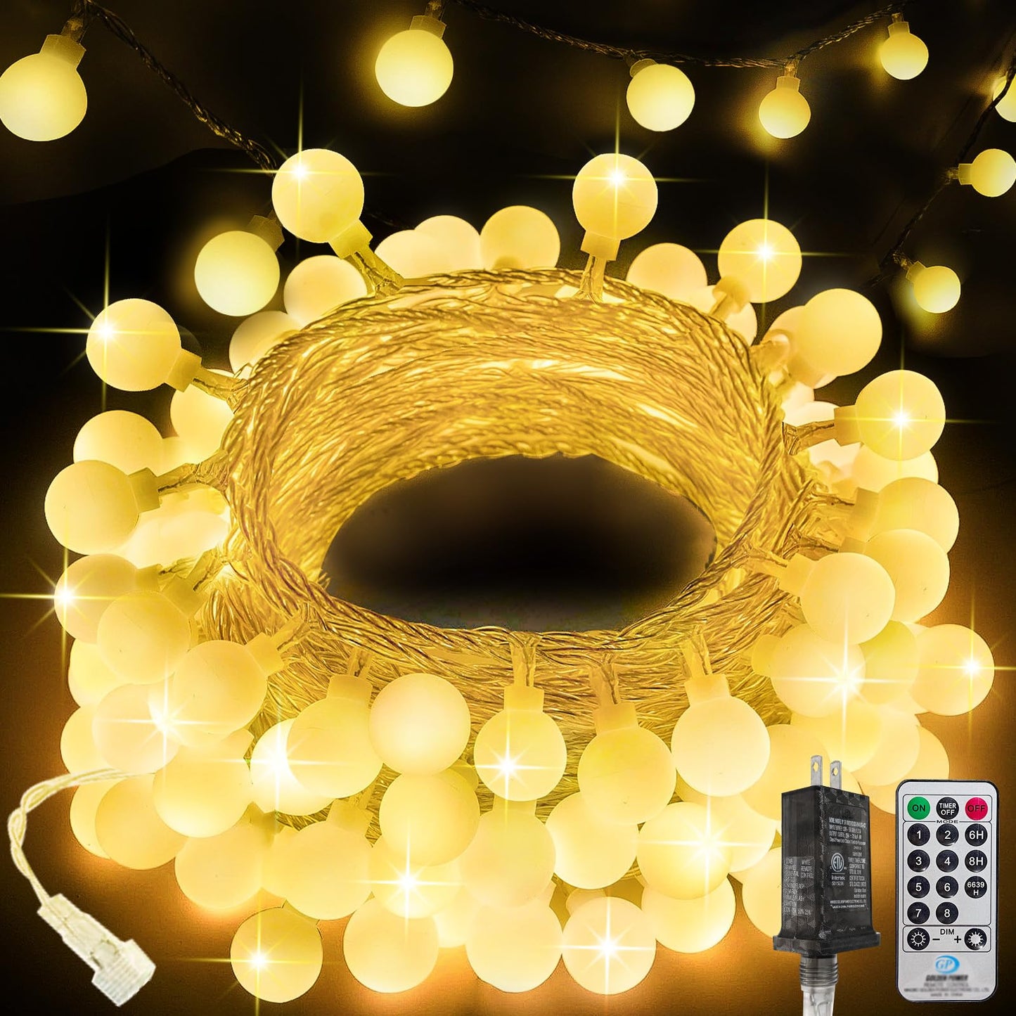 LORRYTE 200 LED Connectable String Lights, Warm White, 66ft with Remote & Timer, Waterproof Globe Twinkle Lights, Model GP-SW290DC0209-IP44