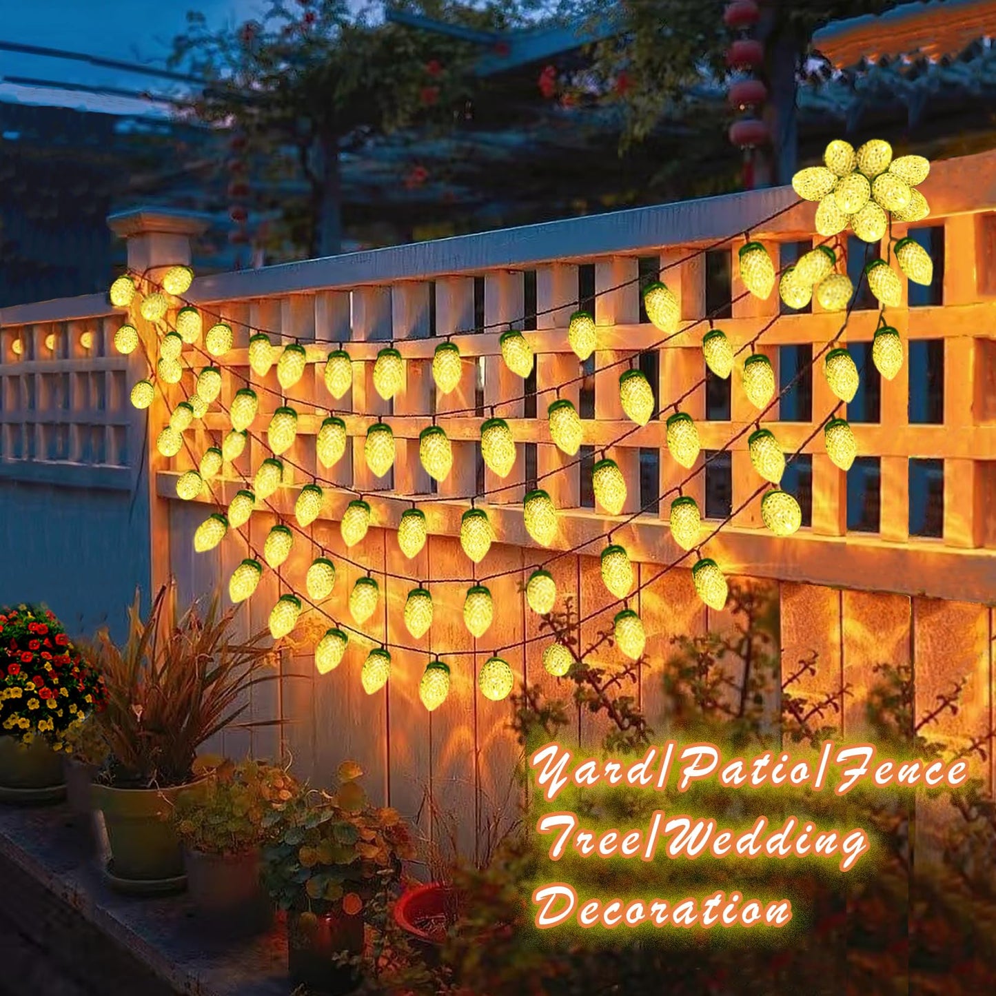 L Lampop C9 Solar Powered Led Christmas String Lights 50 Led Waterproof Strawberry Light With 8 Mode Green Wire Lighting For Outside Patio Wedding Party Decor