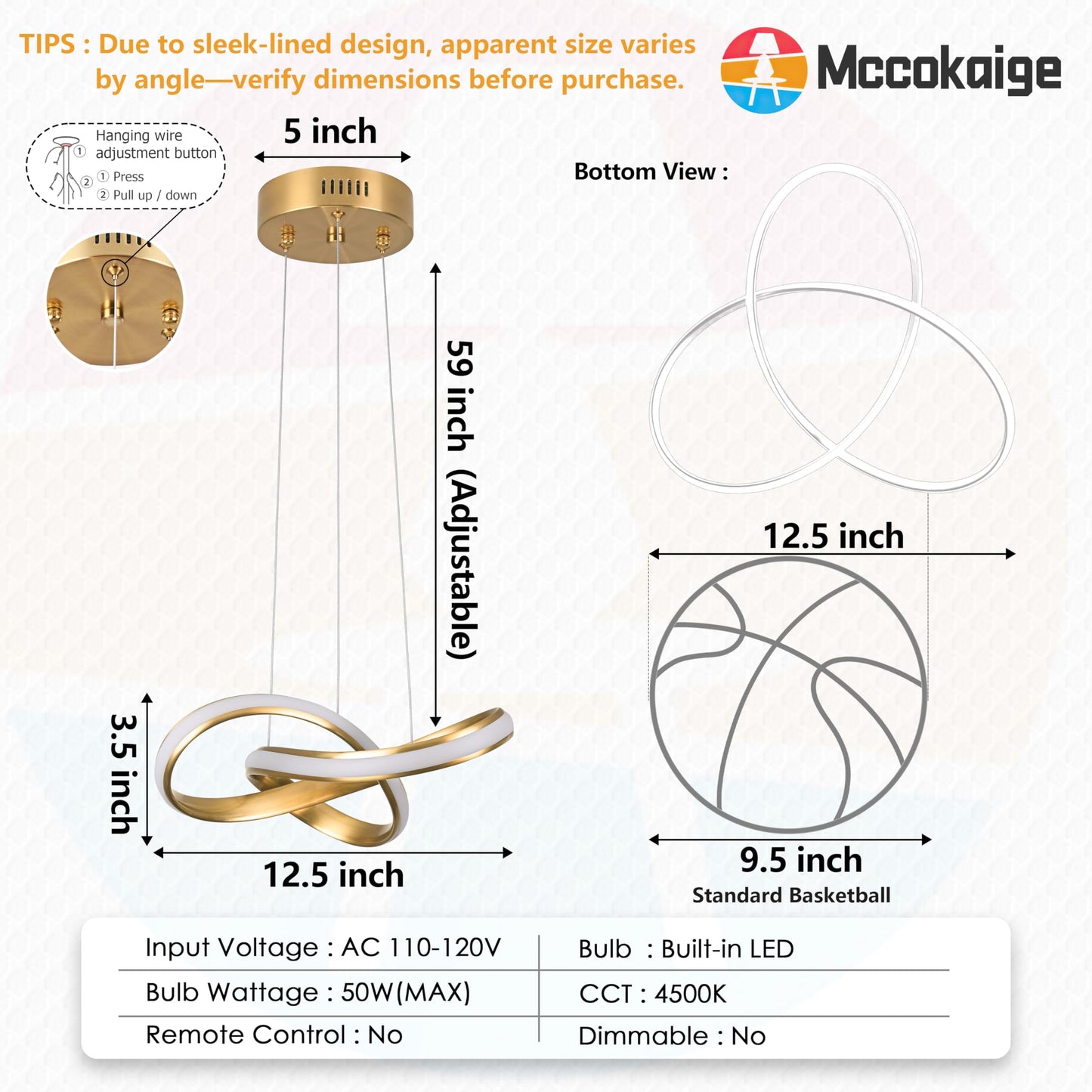 Mccokaige Modern Led Chandelier Contemporary Pendant Lighting Ring Light Fixture Gold With 4500K And 59In Height Adjustable Hanging Lamp For Kitchen Island Hallway Foyer Closet Corridor