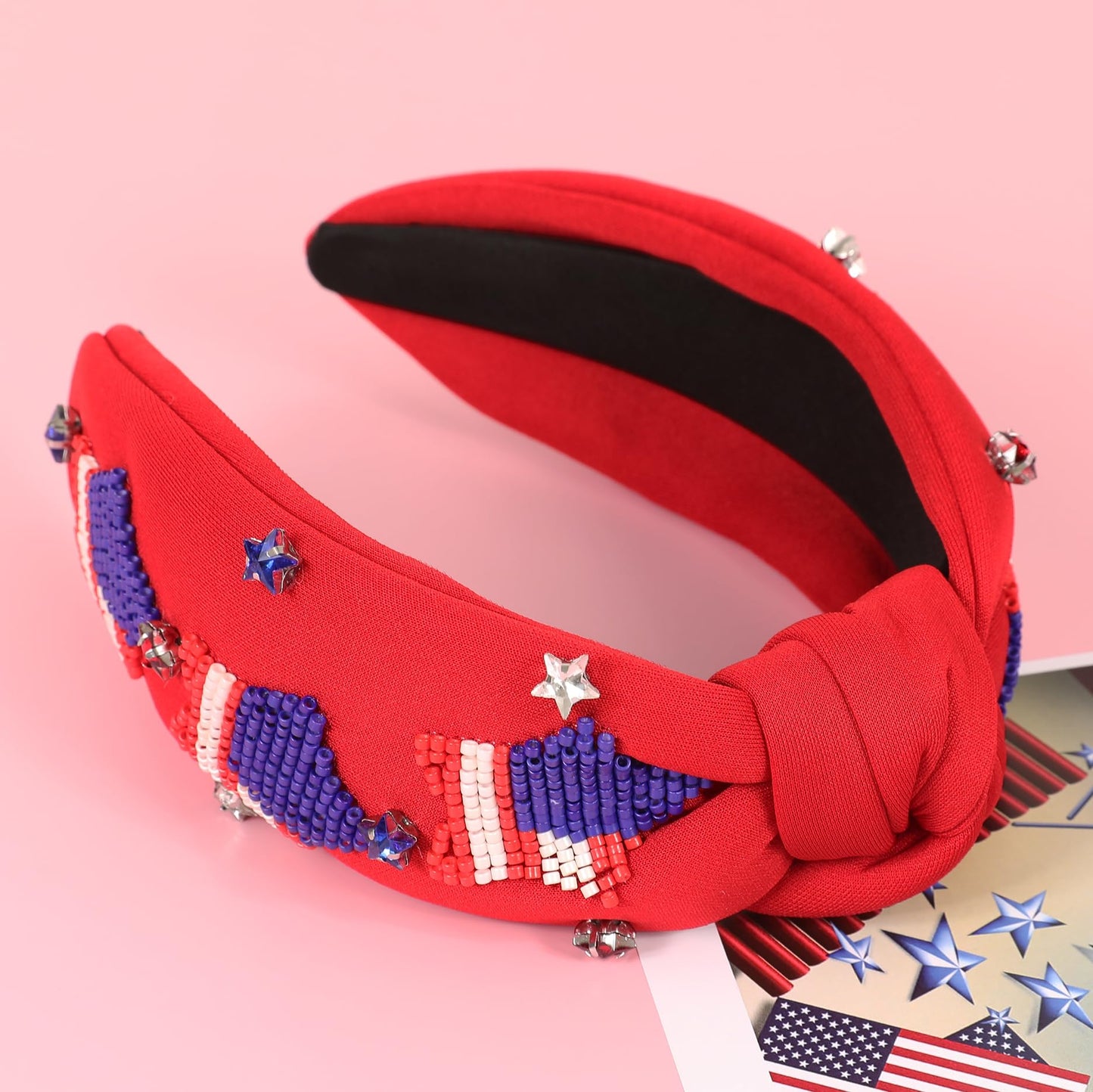 Gmmidea American Flag Star Headband 4th of July Patriotic Accessories for Women Girls Beaded Rhinestone Jeweled Knotted Headband
