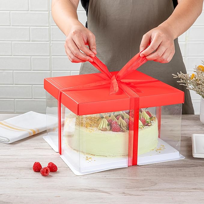 Restaurantware Sweet Vision 10 Inch x 8.25 Inch Transparent Cake Boxes 10 Grease Resistant Base Clear Cake Boxes - Red Lid Red Ribbon Plastic Birthday Cake Boxes For Weddings Or Birthdays