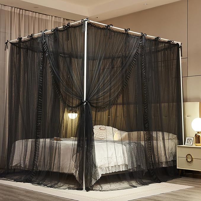 4 Corners Post Princess Curtain Bed Canopy Lace Up Double Layer 4 Opening Mosquito Net Mesh for Girls Bedroom Decoration(Black, 78" W*86" L*82" H/King)
