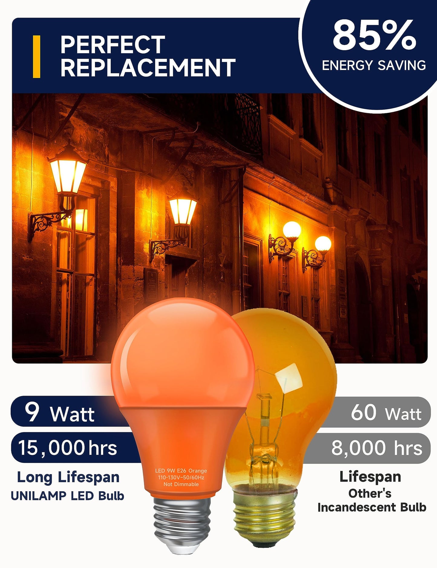 UNILAMP A19 LED Orange Light Bulb, 9W Equivalent, E26 Base, Non-Dimmable, 4 Pack, Holiday Lighting, Model 120VA19OOW9E