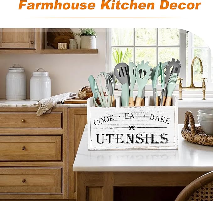 Kitchen Utensil Holder with 3 Compartments, Wooden Storage Utensil Organizer for Countertop, Farmhouse Decor, Rustic Cooking Utensil Kitchen Tool