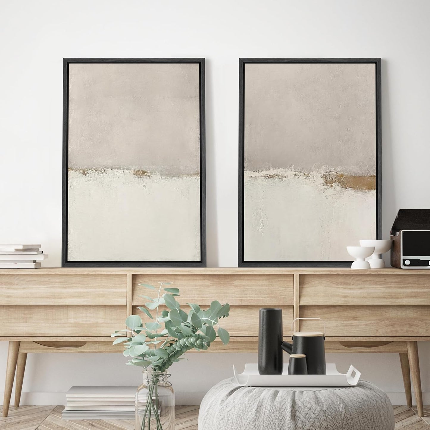 SIGNWIN Framed Canvas Print Wall Art Beige Gray Paint Strokes Abstract Grunge Landscape Prints Modern Art Minimalist Neutral Decor for Living Room, Bedroom, Office - 16"x24"x2 Black