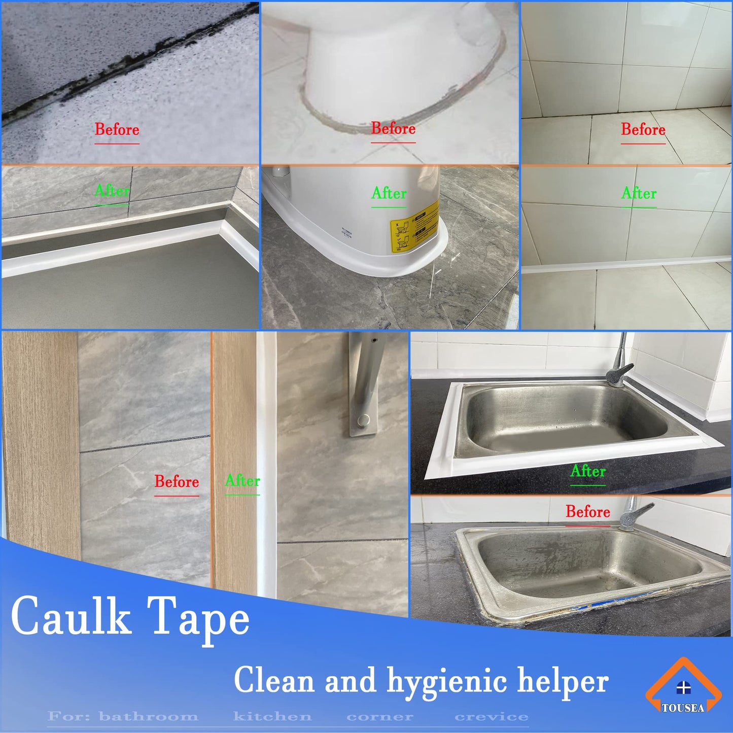 TOUSEA Waterproof Sealing Caulk Tape, Self Adhesive Sealant Strip for Bathroom, Toilet, Kitchen Countertop, Toilet, White