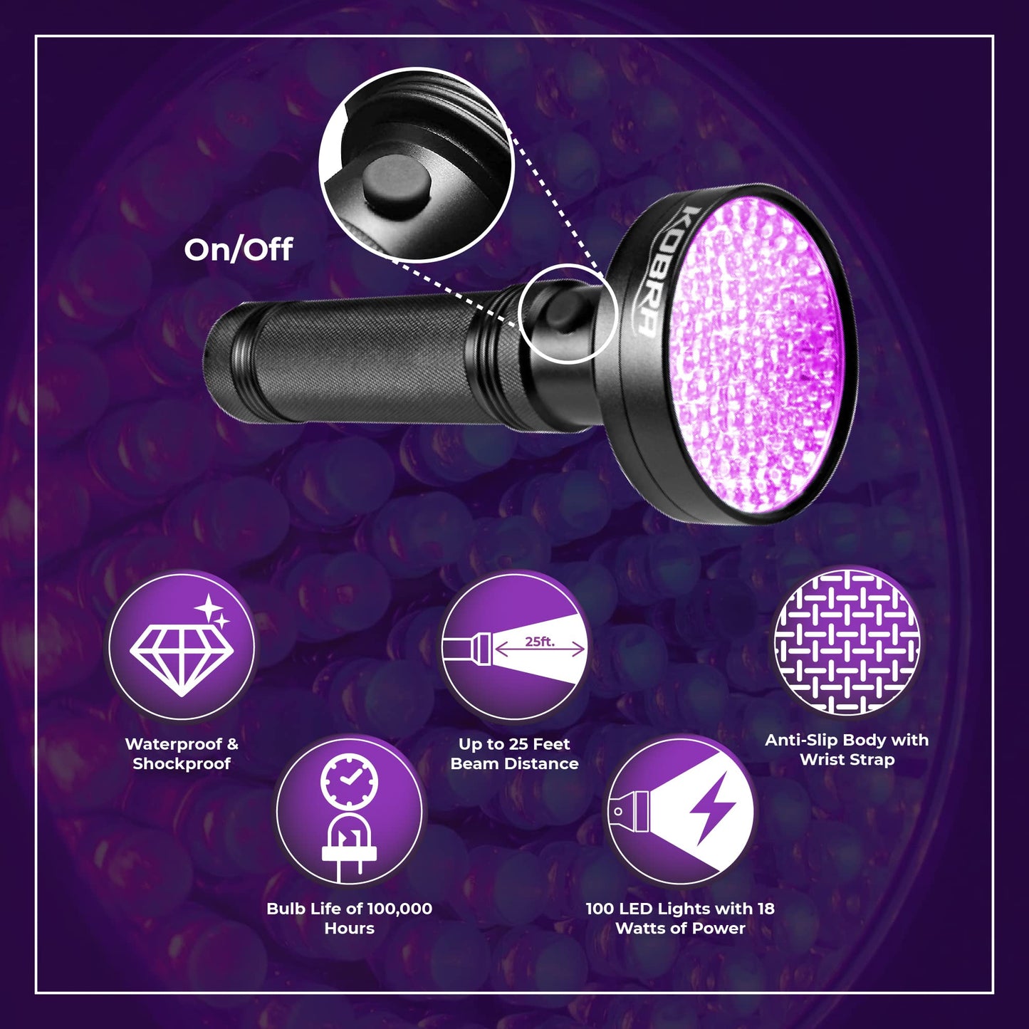 Kobra Black 100 Led Uv Flashlight - 18W Blacklight For Home Inspection, Pet Stains, And   Detection
