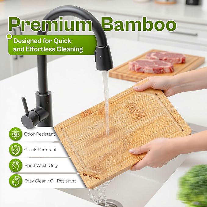 Bamboo Cutting Board Set – 3-Piece Natural Bamboo Boards with Deep Juice Groove & Hanging Hole, 0.6-Inch Thick, Warp-Resistant, Food-Contact Safe