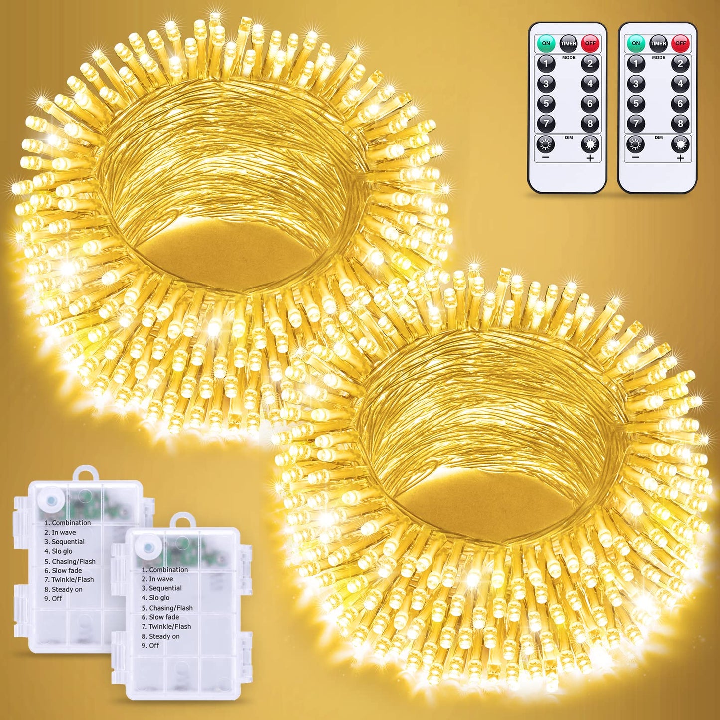 JMEXSUSS 2 Pack Battery Operated String Lights, 33ft, 100 LED, Warm White, 8 Modes, Model 690489fc-45b9-4365-