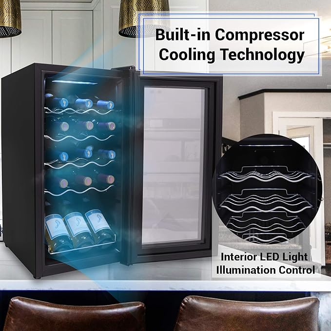 NutriChef Compressor Refrigerator White & Red Chiller Countertop Cooler-Freestanding Compact Mini Wine 15 Bottle Capacity, Digital, Glass Door, Black, Quiet Operation Fridge Touch Temperature Control