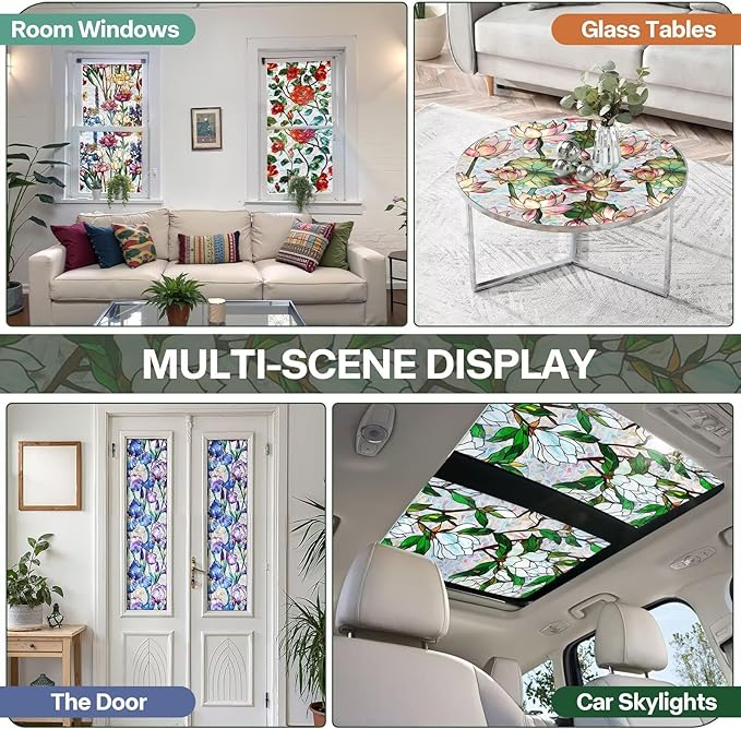 Stained Glass Window Film UV Resistant Window Privacy Film Colorful Flowers Privacy Rainbow Decals Living Room Bedroom Sun Blocking Decor Removable Static Cling Stickers 17 x 78.74 Inch