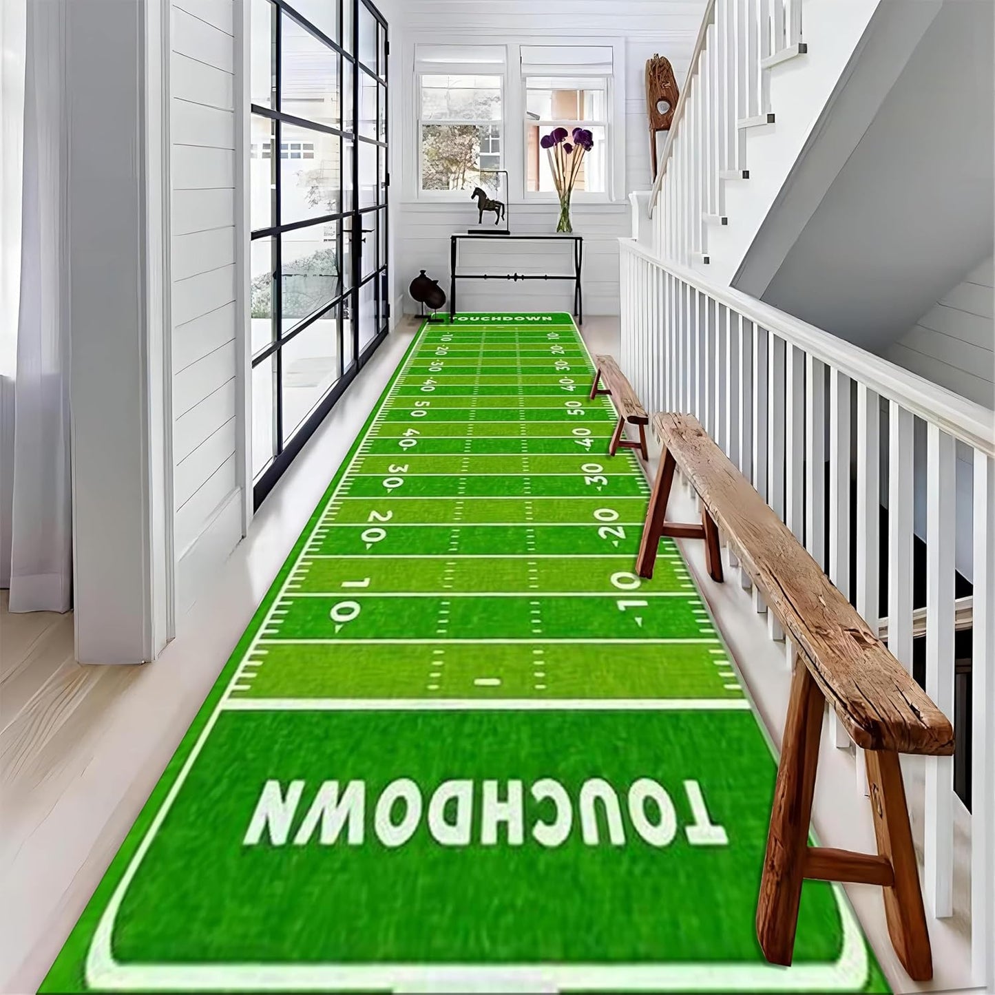 American Football Hallway Runner Rug, 4x12ft, Sports Rugs for Living Room, Thin Low Pile Home Decor Mat, Non-Shedding Reduce Noise Washable Non-Slip Carpets for Bedside Family Porch