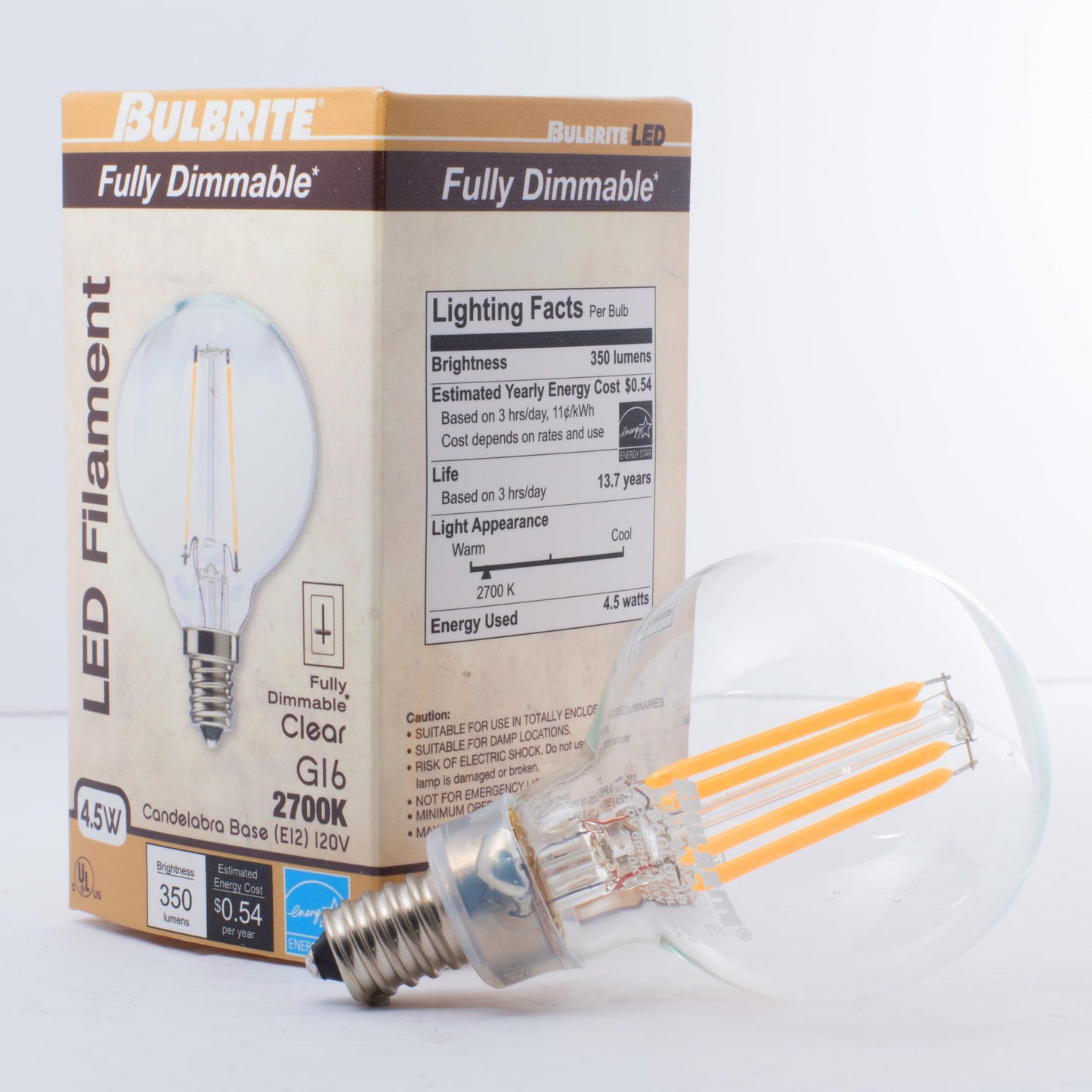Bulbrite 4W LED G16 Decorative Globe Light Bulb, Clear Glass, E12 Base, 2700K, 4 Pack, Model 776873