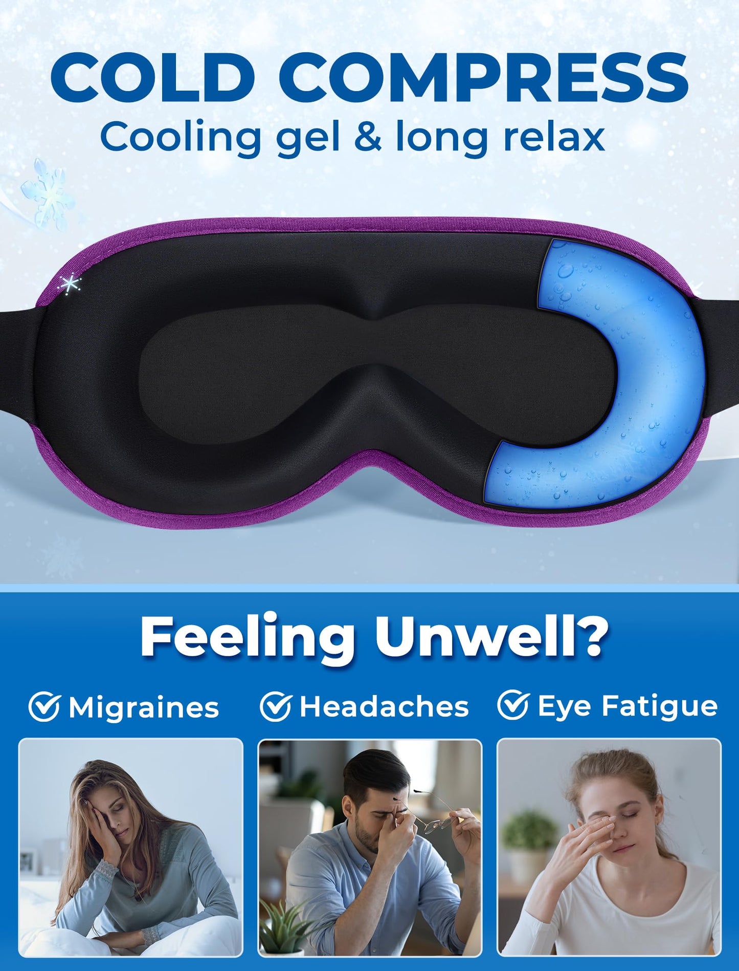 6oz Weighted Cooling Gel Sleep Mask for Senior Relaxation, 3D Blackout Eye Mask for Seniors Adults & Light Sleepers, Gentle Chill, Eyelash Friendly, Adjustable Strap, Travel Bag (Purple)