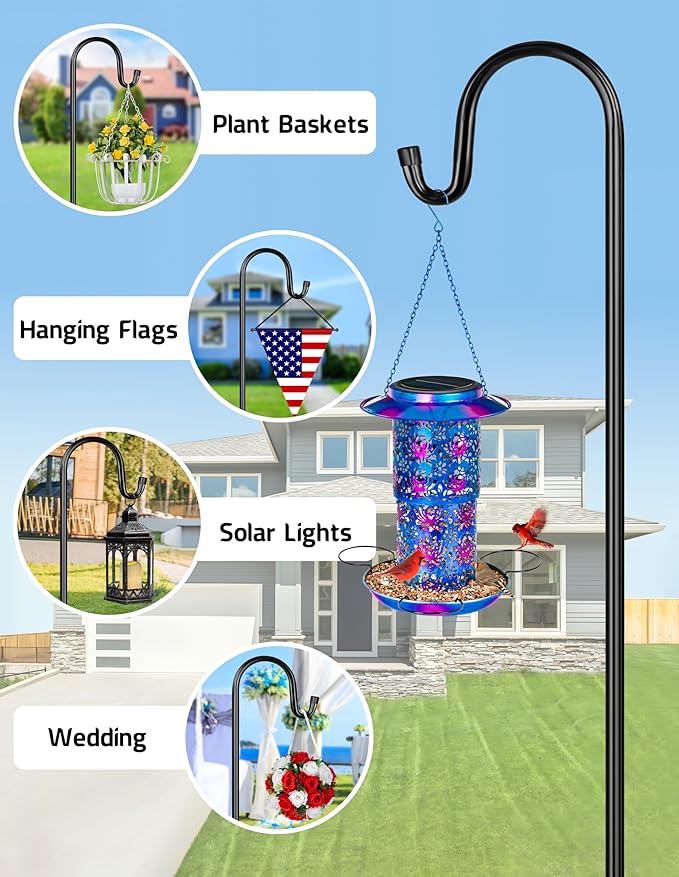 XDW-GIFTS Bird Feeder Pole for Outdoor, 60 Inch Shepherds Hooks Heavy Duty Garden Pole for Hanging Plant Basket, Solar Light Lanterns, Garden Plant Hanger Stands with 5 Base Prongs