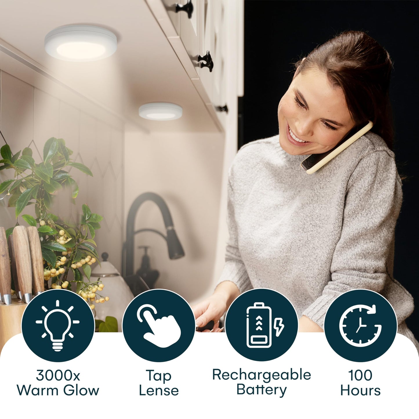 Brilliant Evolution Rechargeable Puck Lights - Dimmable LED with Remote - 3000K Warm White/6000K Cool White - 2 Pack - White