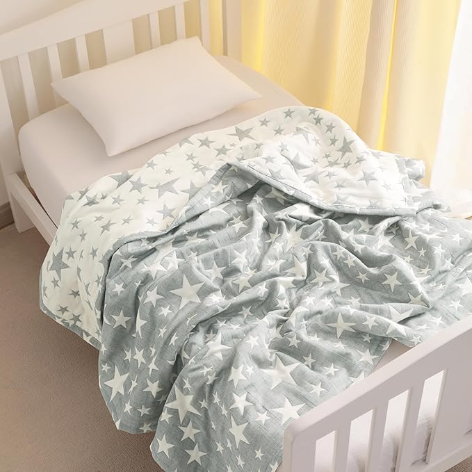 NTBAY 3 Layer Oversized Muslin Cotton Toddler Blanket, 45x60 Inches Jacquard Reversible Nursery Bed Blanket, Super Soft and Thermal Crib Blanket for All Seasons, Baby Gift, 45"x60", Grey/White Star