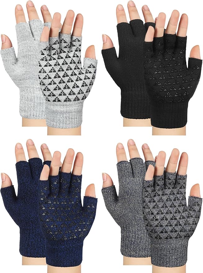 Geyoga 4 Pairs Winter Fingerless Gloves Knitted Half Finger Mittens Stretchy Non-Slip Warm Gloves for Men and Women