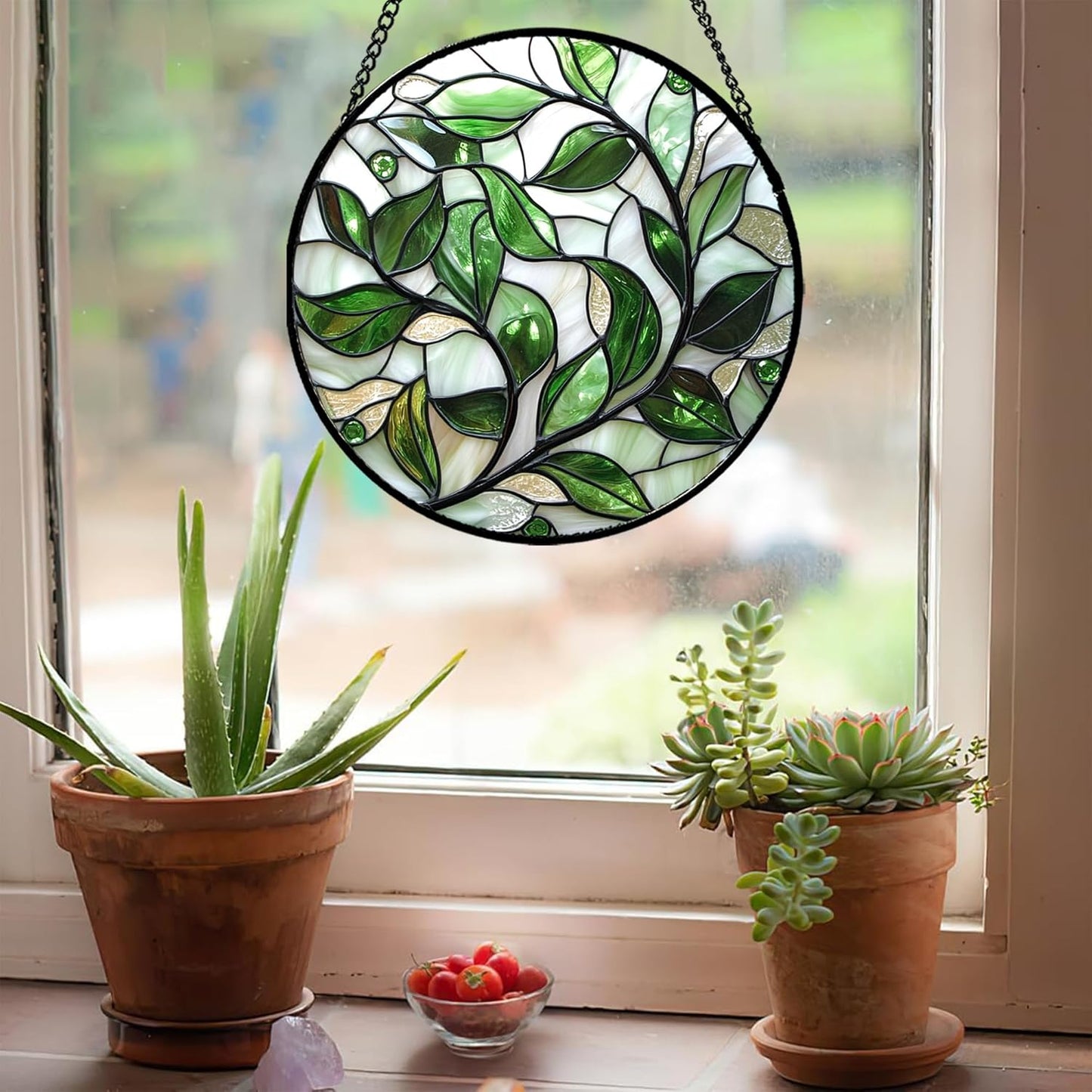 Stained Glass Window Hanging - White Green Leaves Suncatcher for Doors Window Home Plant Sun Catchers Decor Christmas Mother's Day Birthday Gifts for Teacher Women Men Mom Nana 15 in