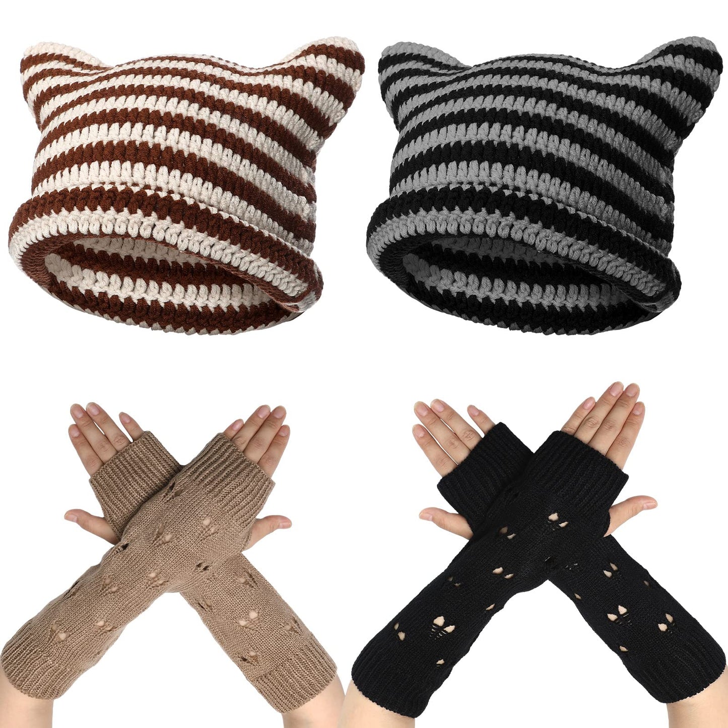 Hercicy 4 Pcs Fairy Grunge Accessories 2 Pcs Y2k Grunge Knitted Cat Beanie 2 Pair Ripped Gloves Winter Warm Knitted Stripe Crochet Hats Beanies with Ears Crochet Glove for Women