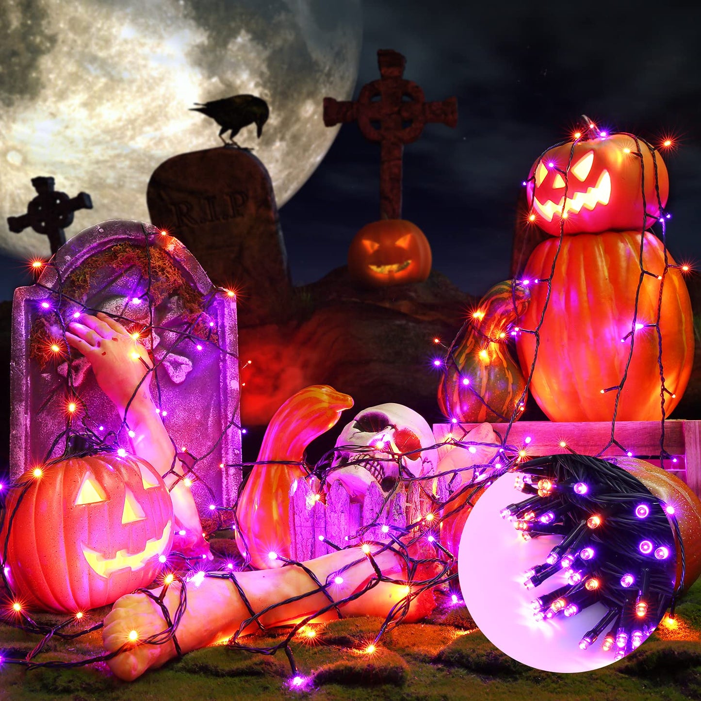 Jnaurb Halloween String Lights, 300 LED Waterproof Fairy Lights, 114ft, Orange & Purple, 8 Modes, Indoor/Outdoor Decor