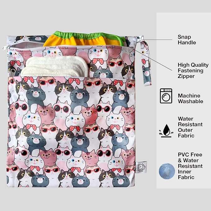 FLOCK THREE 4pcs Waterproof and Reusable Wet Bag Diaper Stroller Water Resistant Swimsuit Travel Toiletries Yoga Gym Washable Carrier Small Medium Large Cat 4 Pack