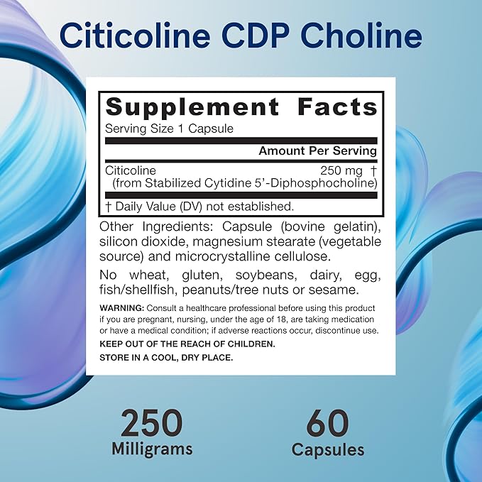 Jarrow Formulas CDP Choline Capsules, 250 mg Dietary Supplement for Memory and Brain Health, 60 Veggie Capsules, 60 Day Supply(Pack of 12)
