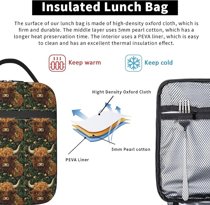 Highland Cow Lunch Box Insulated Lunch Bag for kids Girls Boys,Reusable Lunch Box Containers for Women Men,Durable Cooler Tote Bag Lunchbox for Office/School/Picnic
