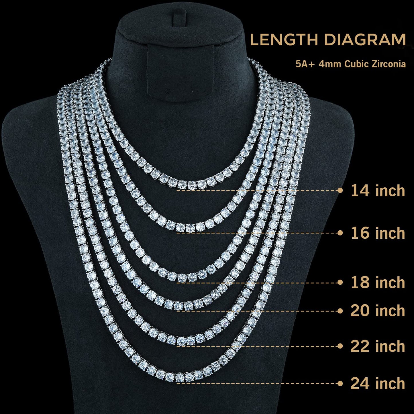 18 Inch Tennis Chain 18K White Gold Plated | 4.0mm Round Cubic Zirconia Cut Tennis Necklace for Women and Men