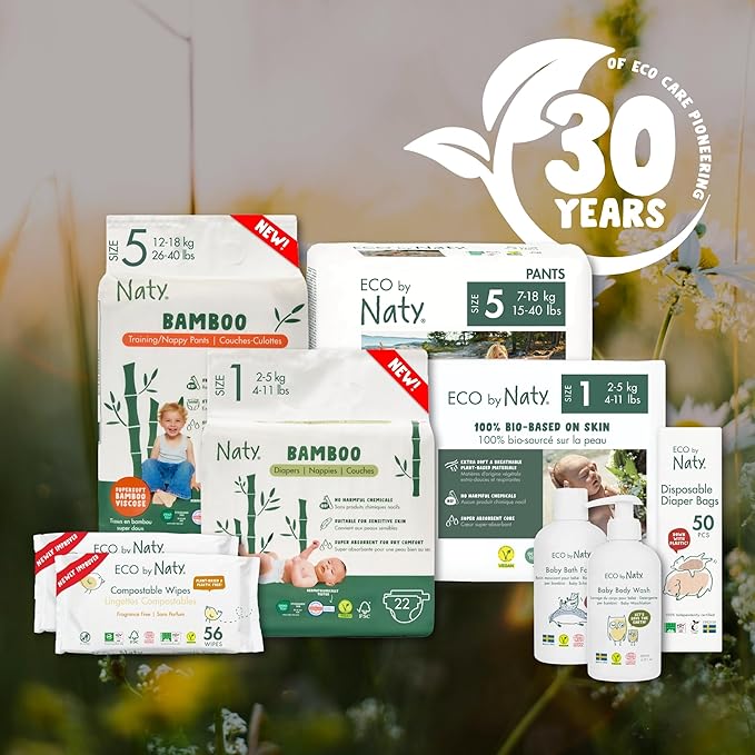 Naty Bamboo Viscose Baby Diapers – Silky Soft, Plant Based, Dermatologically Tested for Sensitive Skin & Super Absorbent (Size 5, 132 Count)