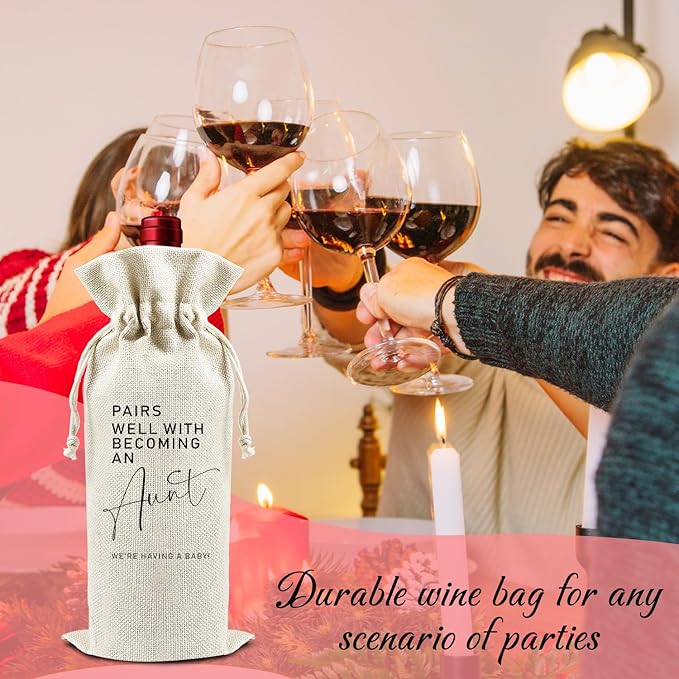 Pairs Well with Becoming An Aunt - Gifts for Sister Wine Bags, 1 PC Reusable Drawstring Burlap Wine Bottle Bags, Baby Announcement Gifts for Women Ladies, Wine Gift Bag Wine Accessories -39
