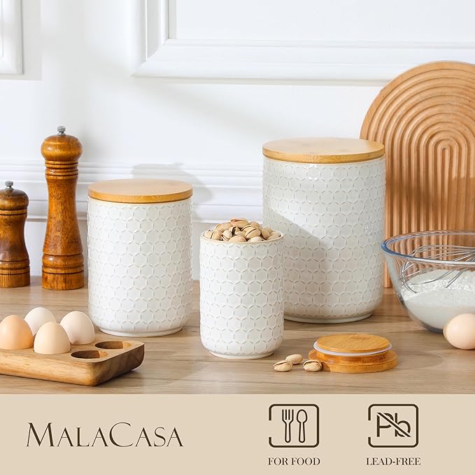 MALACASA Ceramic Canisters Set with Airtight Lids, 80/40/20 oz Coffee Canisters Sets for the Kitchen, Large Jars for Flour, Sugar, Pasta, Coffee, Cookies, Tea - Set of 3, Hexagon