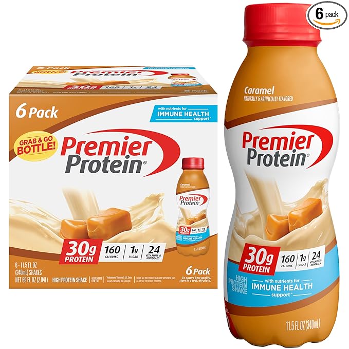Premier Protein Shake, Caramel, 30g Protein 1g Sugar 24 Vitamins Minerals Nutrients to Support Immune Health, 11.5 fl oz (Pack of 6)