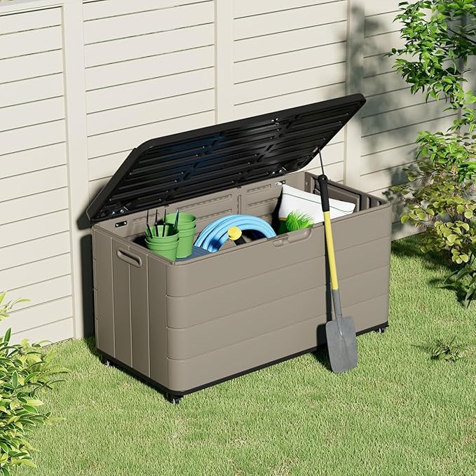 100GAL Brown Wicker-Textured Deck Box with Wheels – Lockable, Waterproof, UV-Resistant, Spacious Storage for Patio & Garden Supplies, Easy Handling
