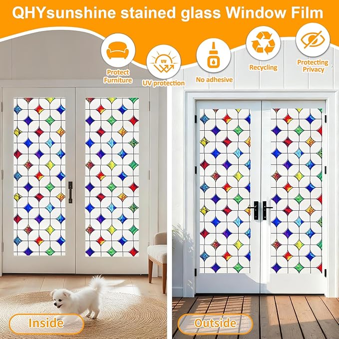 Stained Glass Window Film - Non-Adhesive Colorful Privacy Film | Privacy Protection, Reusable & Renter Friendly | Perfect for Bedroom/Bathroom Room Decor (Frosted Mosaic, 35.4 X 78.7 in)