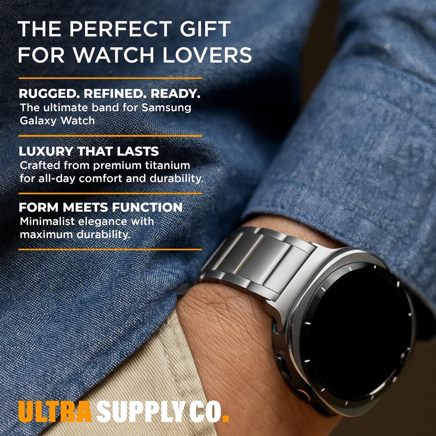 Ultra Supply Co. Titanium Band Compatible with Samsung Galaxy Watch Ultra 47mm - Grade 2 Metal Strap with Folding Buckle and Scratch-Proof DLC Coating, Waterproof, One Size Fits All - Titanium Gray