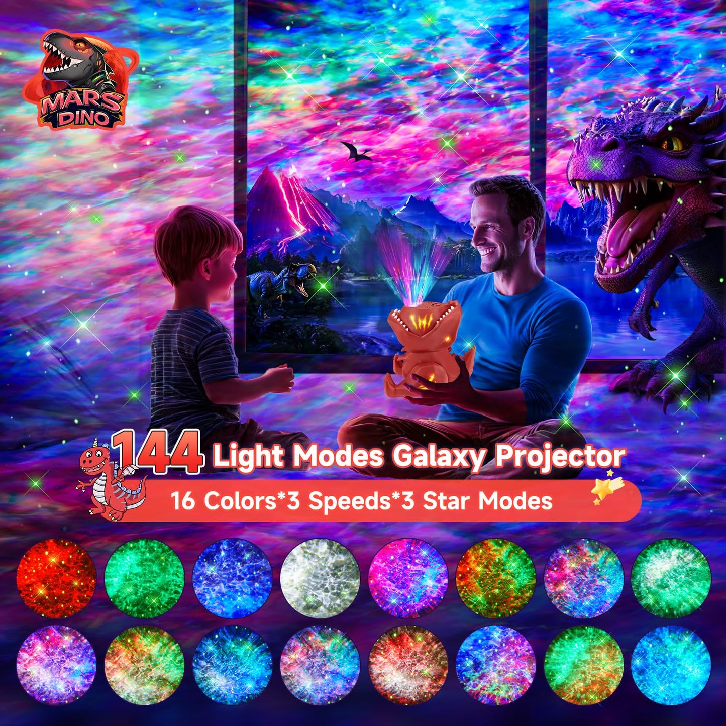 PIKOY Dinosaur Night Light Projector with 22 White Noises, 316 Color Modes, Bluetooth Speaker - Red, Model WH-E23