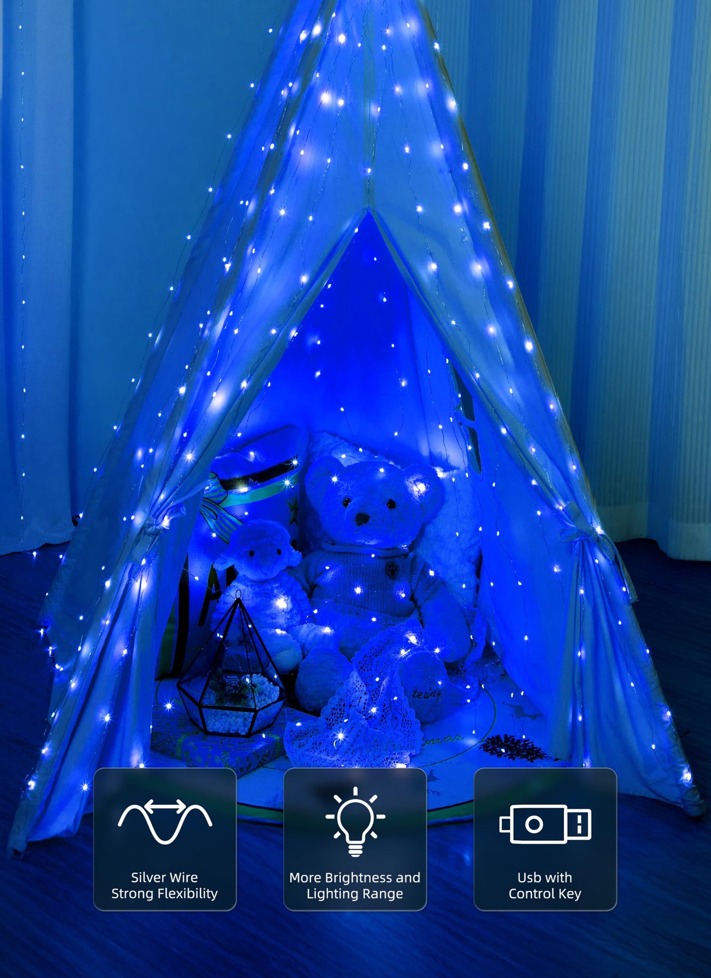 Brightown 300 LED Fairy Curtain Lights, USB Plug, 8 Modes, 9.8ft x 9.8ft, Copper Wire, Blue