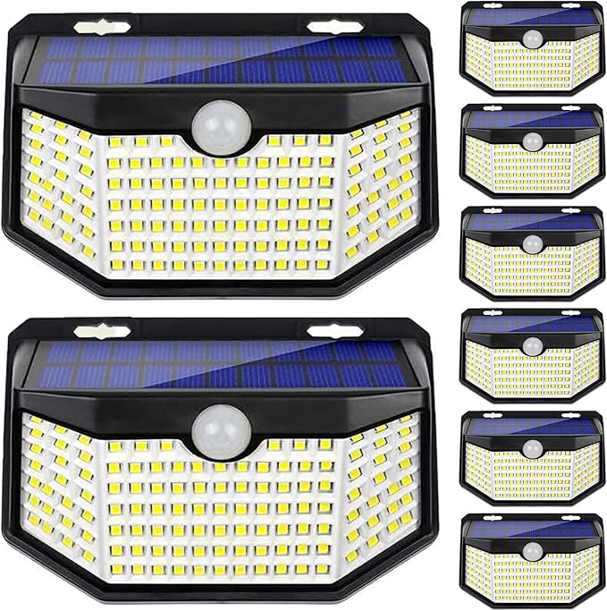 HMCITY 120 LED Outdoor Solar Lights with Motion Sensor and 3 Lighting Modes, IP65 Waterproof Wide Solar Wall Lights Ideal for Garden Patio Yard (Front Button 8Packs, Daylight White)