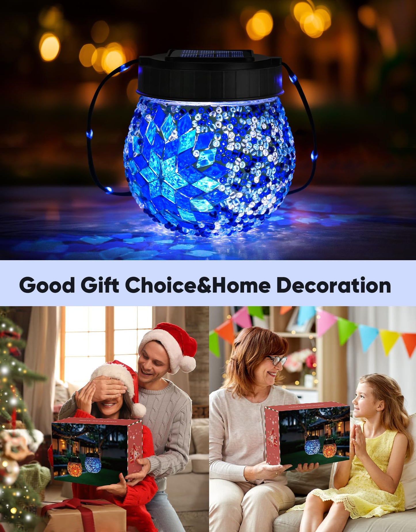 Mosaic Solar Lights Outdoor 2 Pack  Solar Hanging Lanterns Christmas Halloween Gifts For Women Mom Grandma  Waterproof Glass Globe Lights  Garden Patio Decor For Yard  Tree  Balcony  Cold
