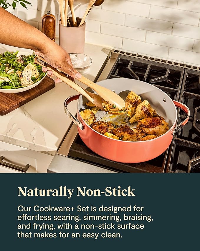 Caraway Cookware+ Collection - Specialty Cookware Set - Petite Cooker, Stir Fry Pan, Rondeau, & Stock Pot - 3 Lids & Storage Organizer Included - Sage
