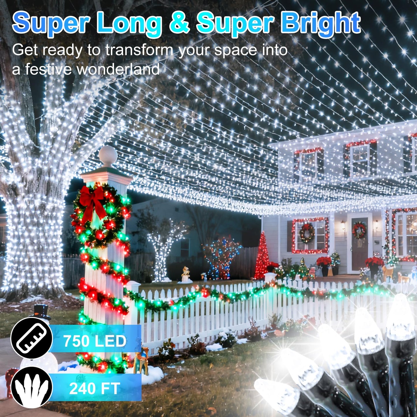 750 Led 240Ft Christmas String Lights Outdoor  12 Pro Modes And Timer Memory & Brightness  Plug In Waterproof Dark Green Wire Twinkle Light For For Xmas Yard Tree Wedding Party Decor (Cool White)