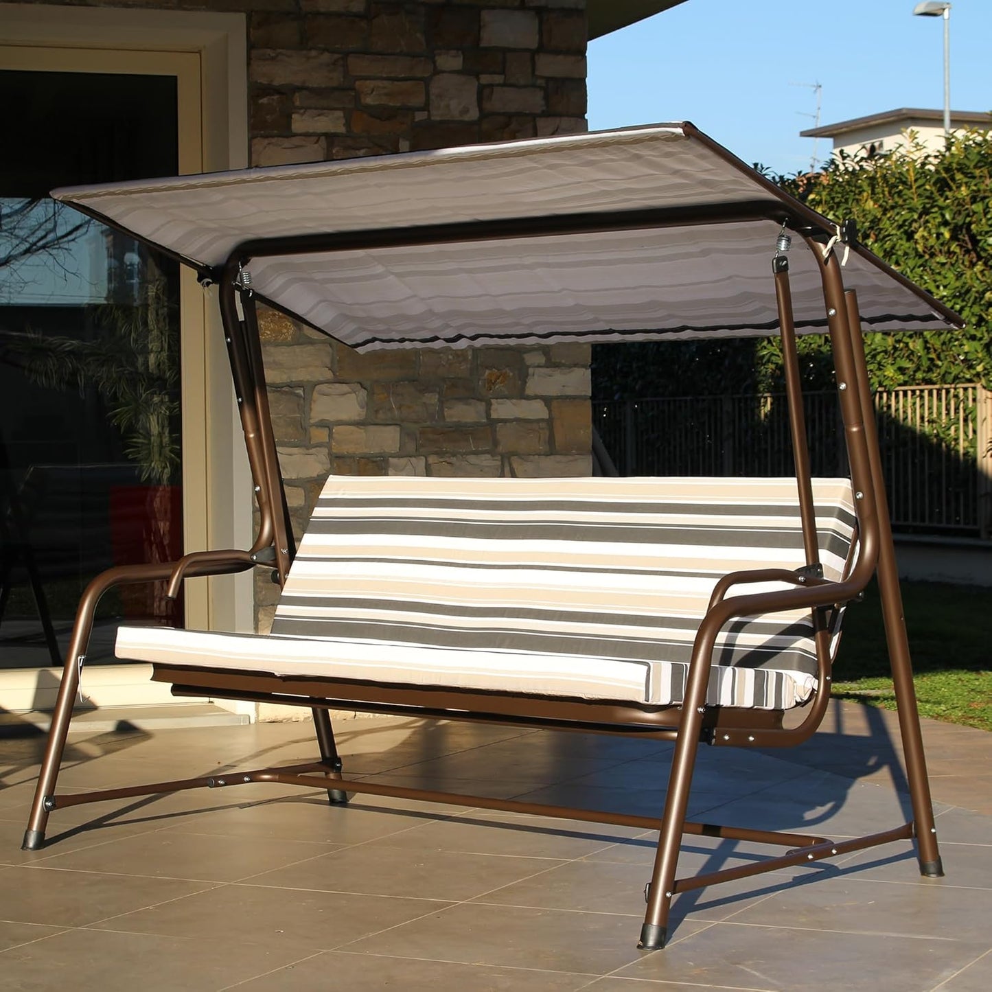 SUNJOY 3-4 Seat Luxury Outdoor Porch Swing, Steel Patio Swing with Elastic Metal Mesh Seat, Convertible Design, Cushion and Adjustable Canopy for Garden, Poolside, Backyard, Bronze - Made in Italy