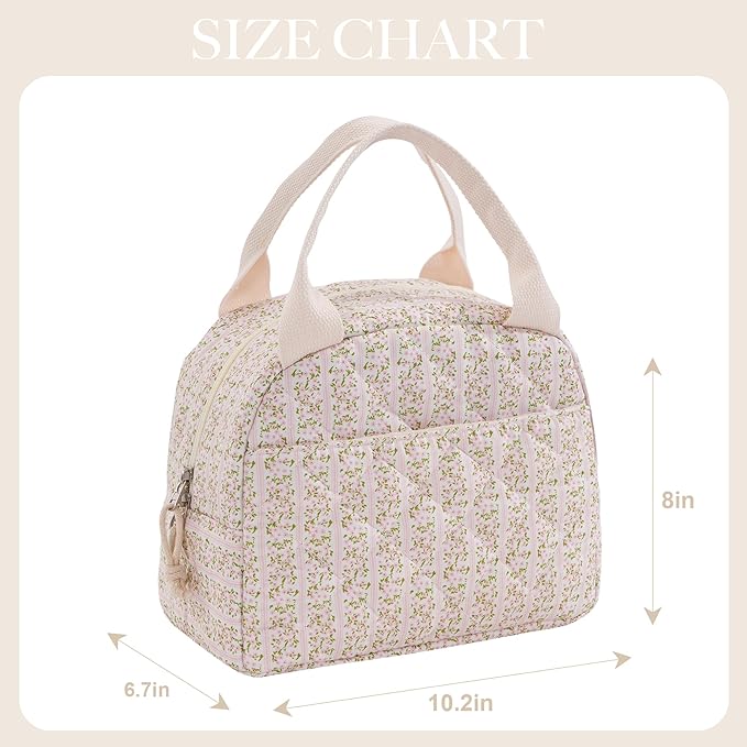 Lunch Bag for Women Insulated Lunch Box Reusable Cooler Bag Portable Cute Floral Quilted Cotton Bag Leakproof Tote Bags for Travel, Work, and Picnic, Stripe and Flower