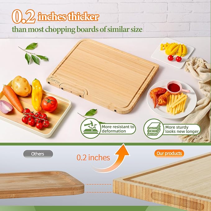2-PCS Bamboo Cutting Board Set, Wood Cutting Board for Kitchen with Innovative Stand, Juice Groove & Handle, Double Sided for Chopping & Charcuterie Board, Kitchen Gift for Home Cooks, For Meat &Fruit