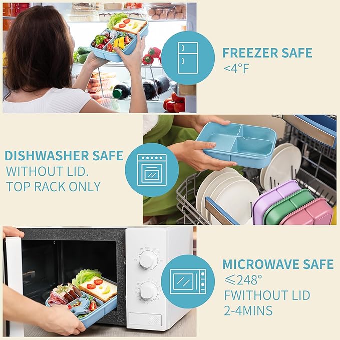 Wheat Straw Bento Box, BPA-Free Lunch Box for Kids & Adults - Leakproof 3-Compartment Lunch Containers with Utensil, Microwave/Dishwasher Safe, 5.5 Cup Blue